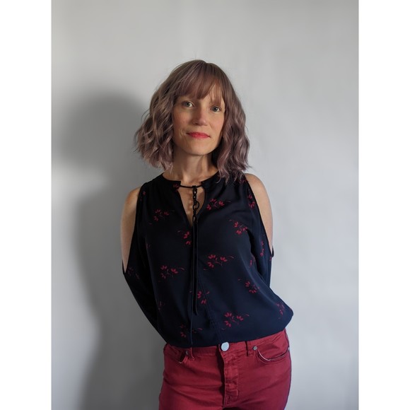 LOFT floral print cold shoulder. Long sleeve tie neck blouse, Navy & Red. sz M - Picture 2 of 12